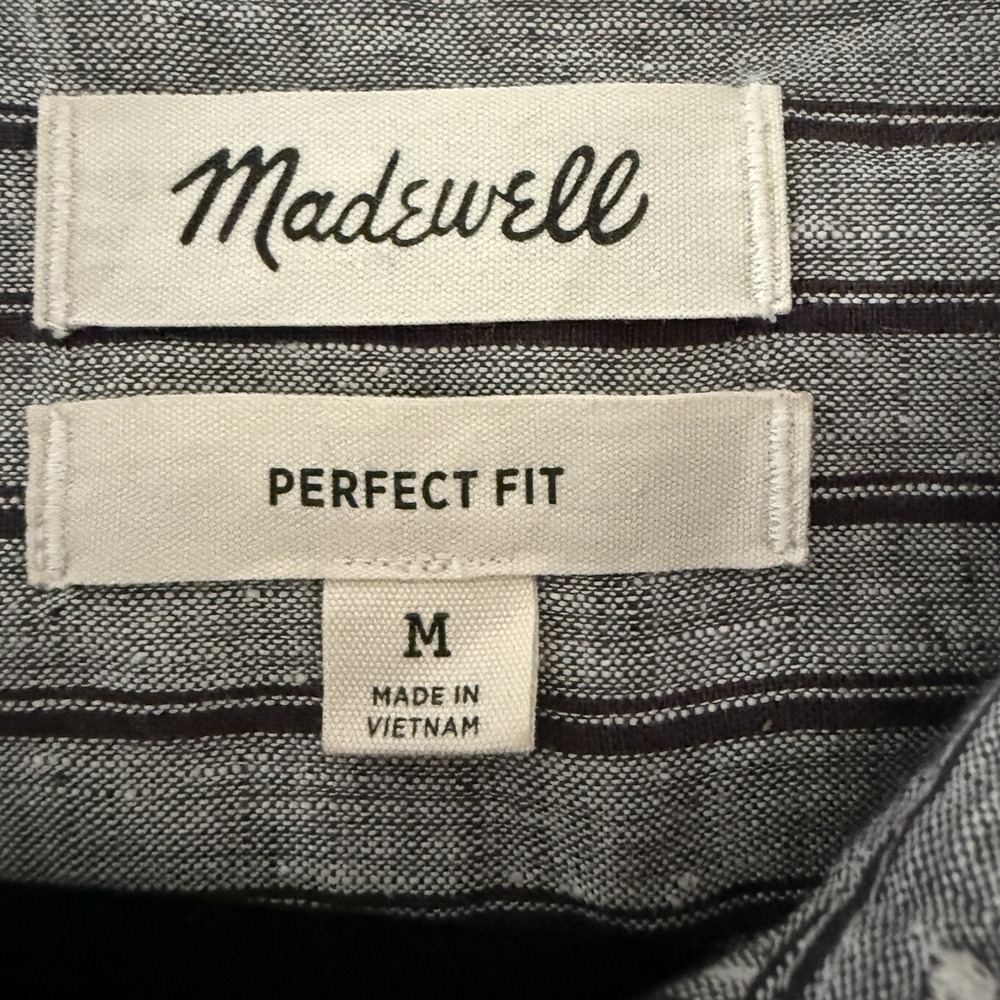 Madewell Perfect Fit Mens M Gray 100% Linen Striped Button Up Short Sleeve Shirt - Picture 4 of 11